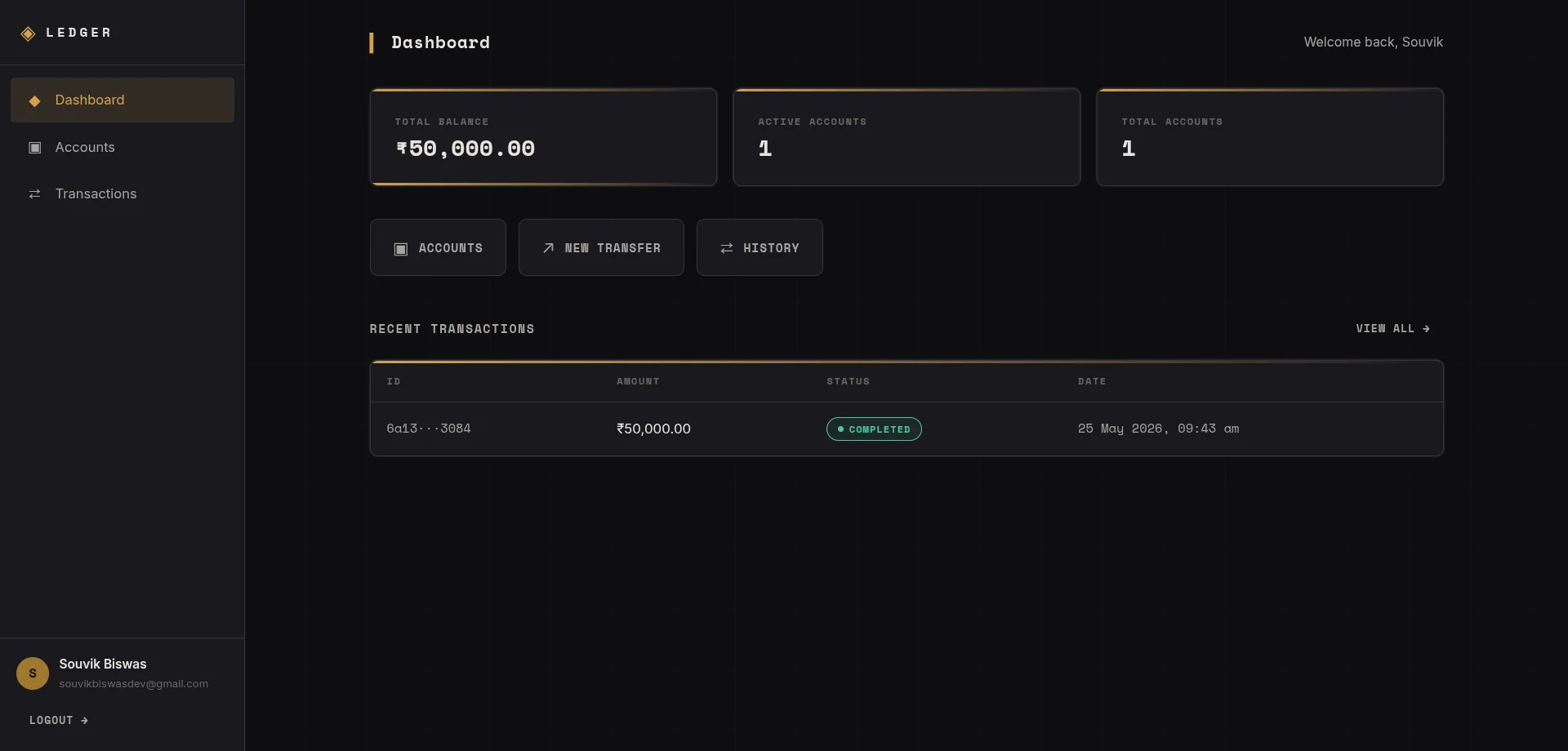 FinVault Ledger dashboard with total balance, active and total account counts, quick actions and a recent transactions table
