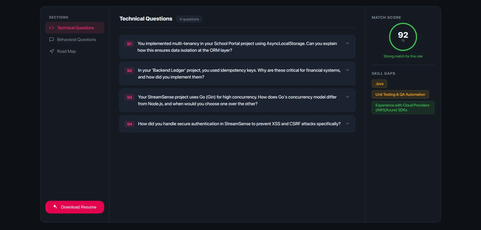 PrepSense AI results page with a list of technical interview questions, a match score of 92 percent and a list of skill gaps