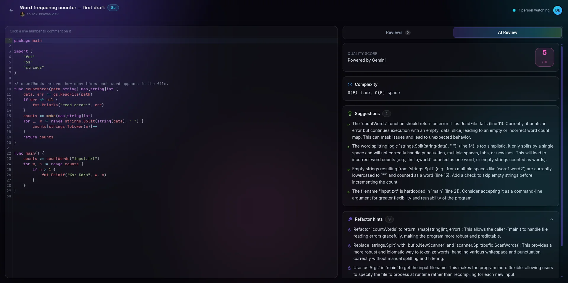 ReviewFlow snippet page with a Go code view on the left and an AI Review panel on the right listing a quality score, complexity, suggestions and refactor hints