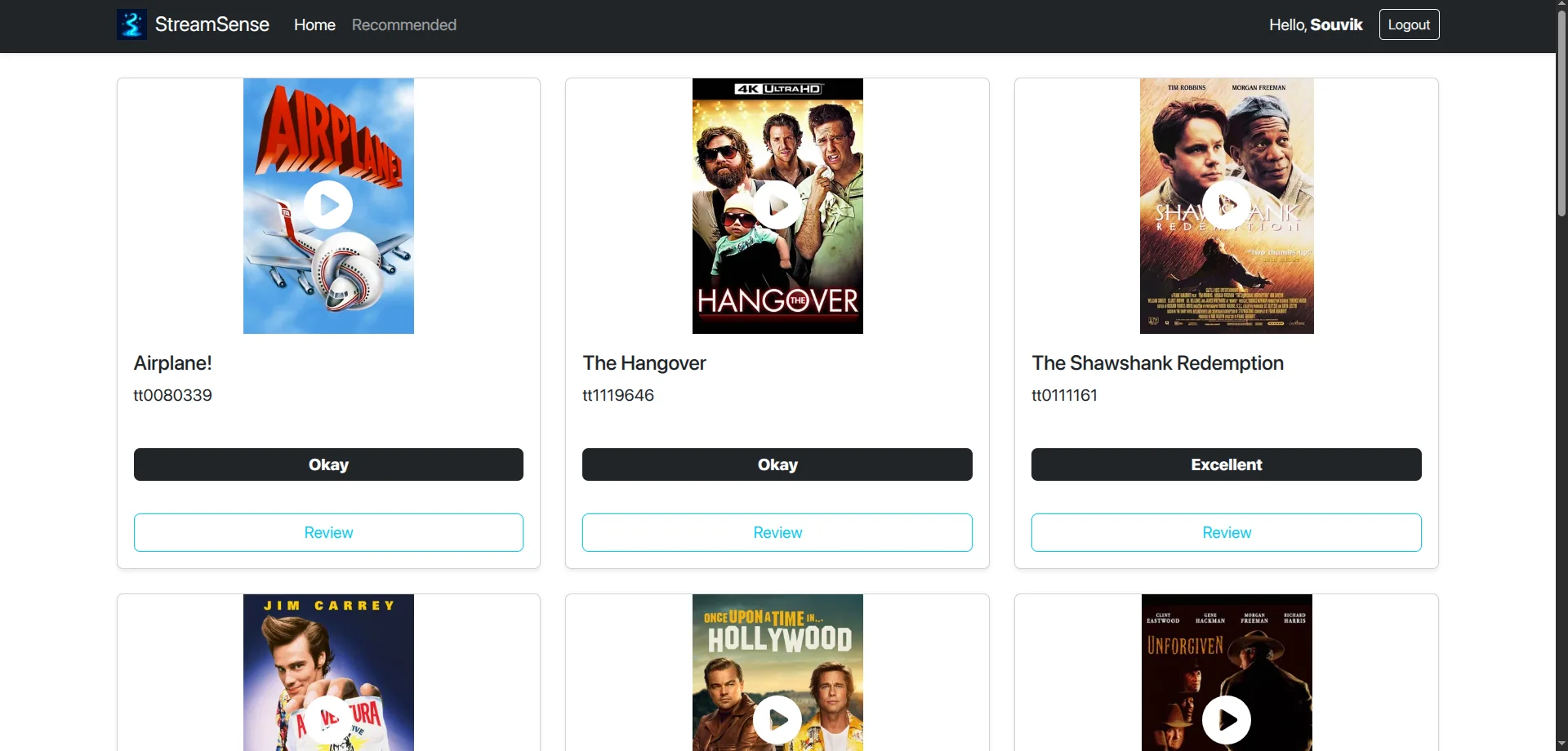 StreamSense home page with a grid of movie posters, each with a rating label and a Review button